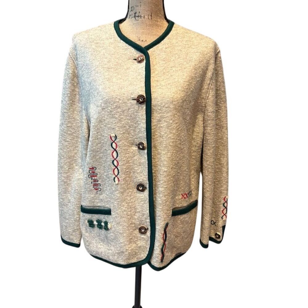 Giesswein Women's Wool Blend Sweater Jacket Size 10 Tan Green Embroidered